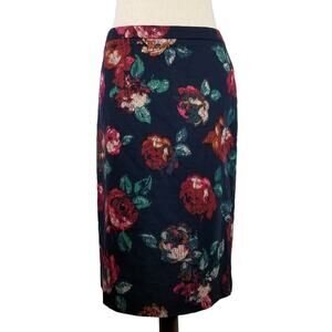 Merona Navy Blue Red Green Floral Skirt Lined Zipper Back Excellent! Size 14